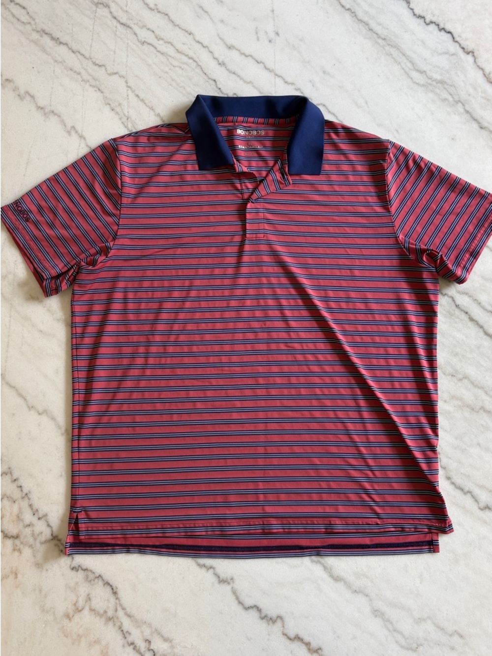 Bonobos Red and Navy Striped Polo with Navy Collar